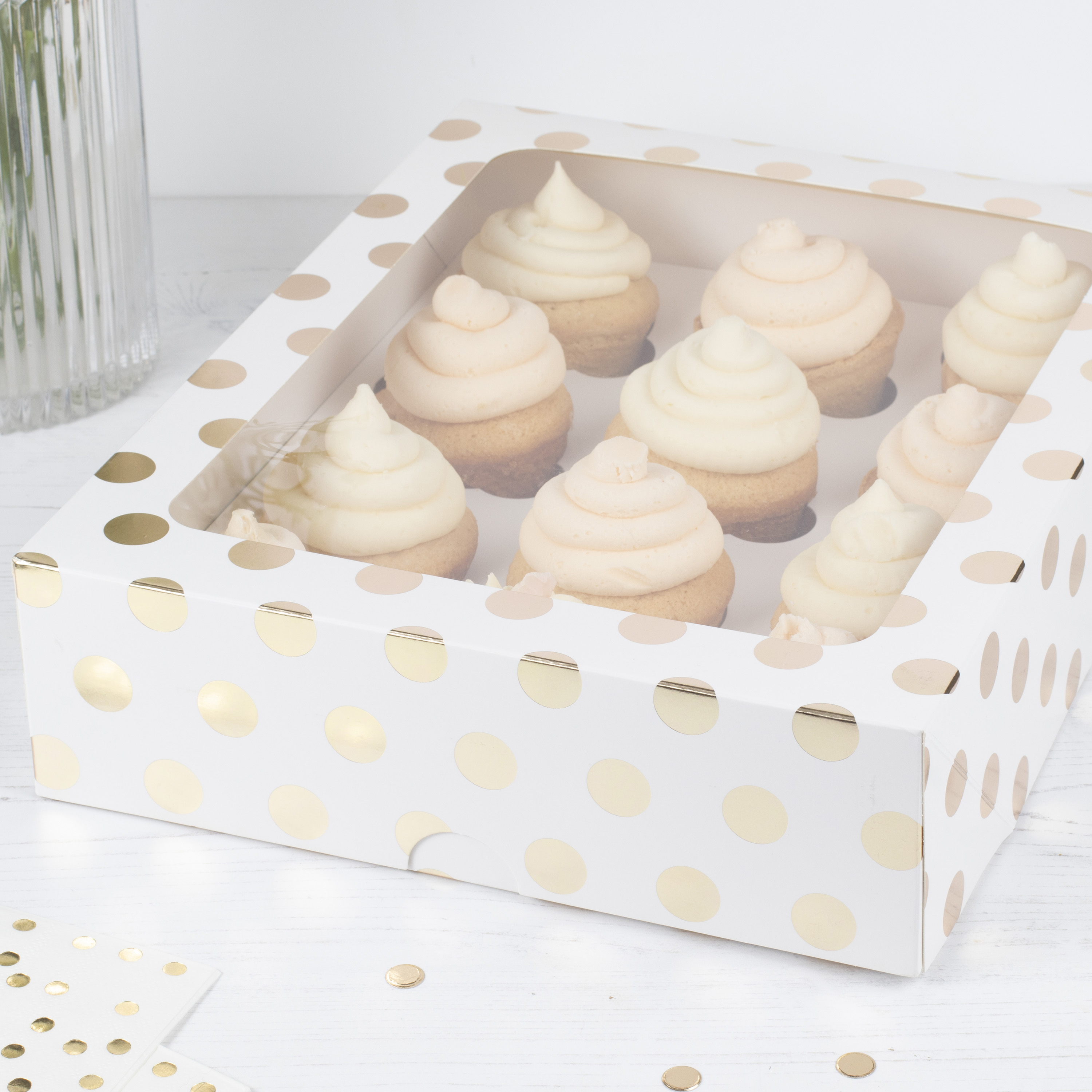 White and Gold Polka Dot 12 Hole Cupcake Box | Ginger Ray