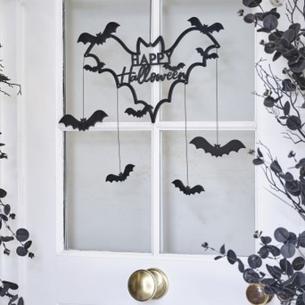 Halloween Backdrop with Hanging Spiders, Bats and Cobwebs